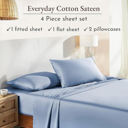 California Design Den Queen Sheet Set - Natural 100% Cotton Sheets Queen Size Bed Set with Deep Pockets, Soft Sateen Weave, Breathable and Durable Bedding (Blue Hydrangea)