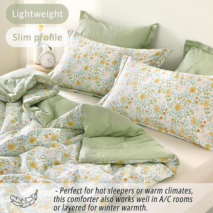 Floral Cotton Comforter Twin Size 2Pcs - Yellow and Blue Tiny Flowers & Little Lambs on White, Sage Green Back, Reversible Lightweight Bedding Sets with Soft Fill(1 Comfoter, 1 Pillowcase)