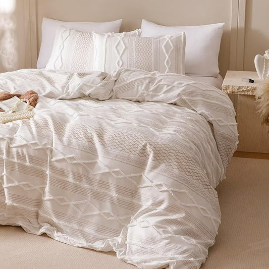 Luxlovery Boho Farmhouse Comforter Set King Teens Kids White Jacquard Bedding Set Bohemian Country Blanket Quilts Durable Soft Breathable 3PCS Comforter Set King Bed