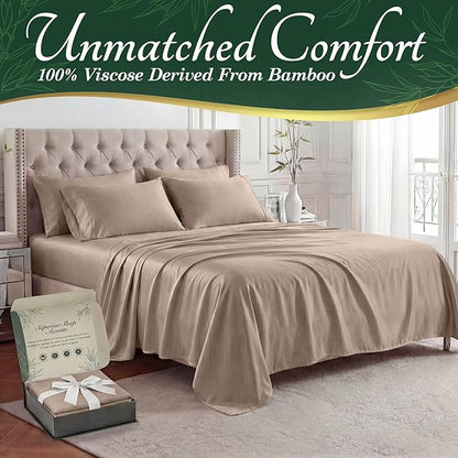DECOLURE 100% Viscose Derived from Bamboo Sheets King Size - Luxury 6 Pc Naturally Cooling Sheets, Ultra Soft Bed Set - Deep 17" Pockets, Durable Double Stitching, Oeko Tex Standard (Taupe)