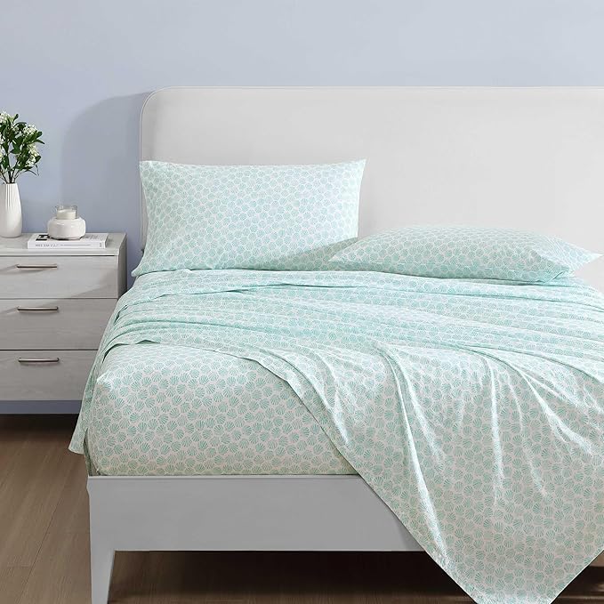 Laura Ashley - Full Sheets, Cotton Percale Bedding Set, Lightweight & Breathable Home Decor (Margate Shells Blue, Full)