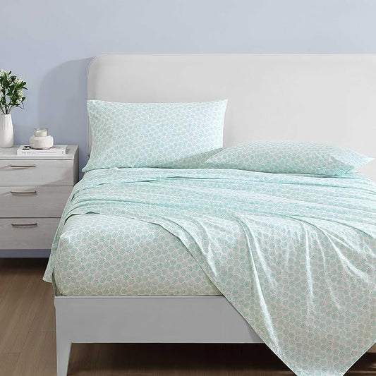 Laura Ashley - Full Sheets, Cotton Percale Bedding Set, Lightweight & Breathable Home Decor (Margate Shells Blue, Full)
