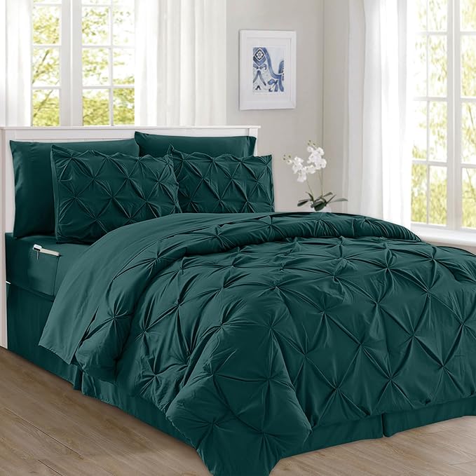 Elegant Comfort 8-Piece Pinch Pleated Comforter Set - All Season Complete Bed in a Bag, Includes 4pc Smart Sheet Set, Bed Skirt, Comforter, Matching Pillowcases and Shams, Twin/Twin XL, Ocean Teal