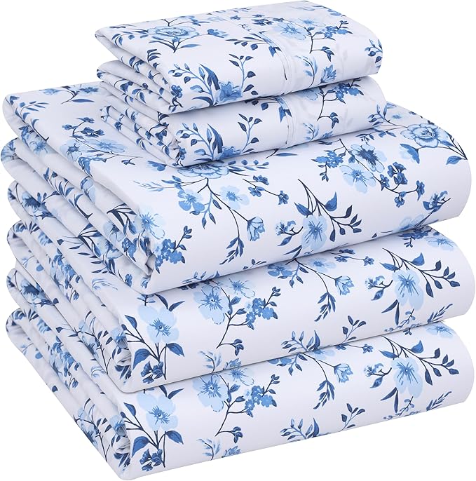 RUVANTI 100% Cotton Sheets – Split King Size Percale Bedding, Cooling & Breathable Floral Design, Durable with a Crisp, Soft & Comfortable Feel, 16" Deep Pocket, 5-Piece Set, Annual