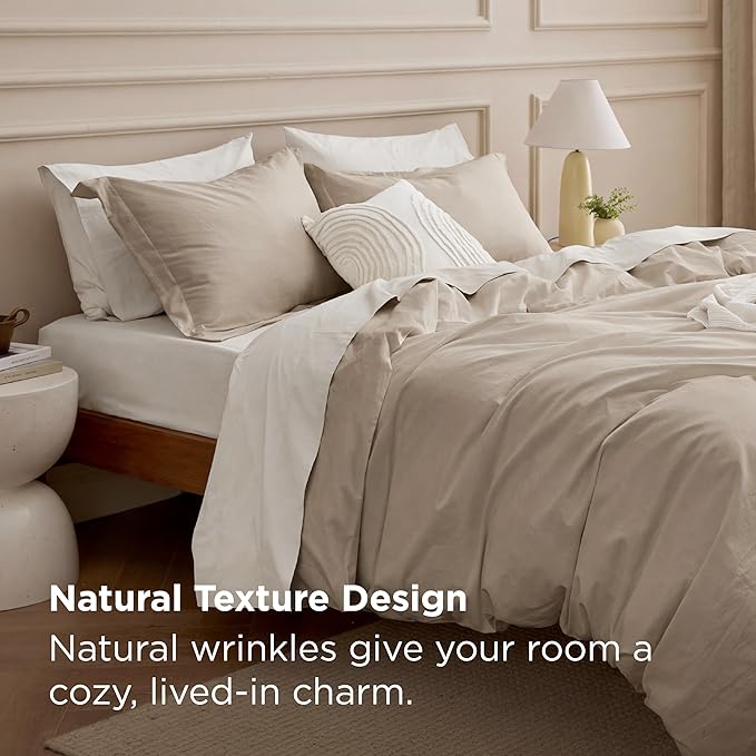 Bedsure 100% Washed Cotton Duvet Cover King Size - Frosted Almond Minimalist Bedding Set Linen Like - PureWoven Plain Simple & Soft Comforter Cover for All Seasons (Frosted Almond, King, 104"x90")