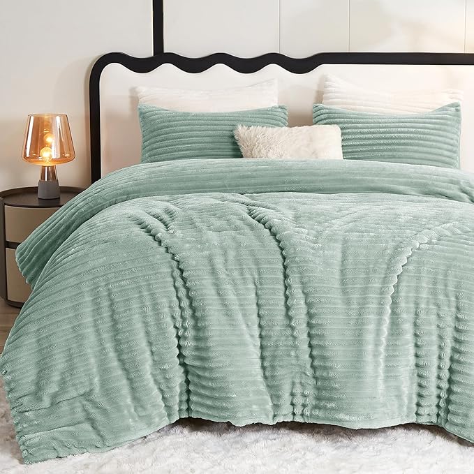CozyLux Fluffy King Size Comforter Set - Super Soft Faux Fur Sage Green Comforter King Size, Winter Warm Fleece Bedding Set, 3 Pieces Plush Fuzzy Bed Set (1 Shaggy Comforter, 2 Pillowcases)