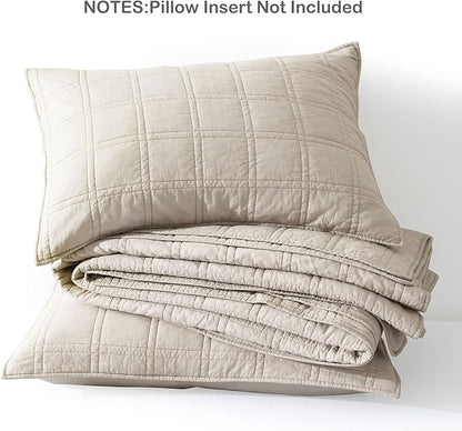 HORIMOTE HOME 100% Cotton Quilt King Size Beige Bedspread, Pre-Washed 3-Piece Cozy Lightweight Stitching Decorative Bedding Cover Coverlet Set with 2 Shams in Geometric Pattern for All Season