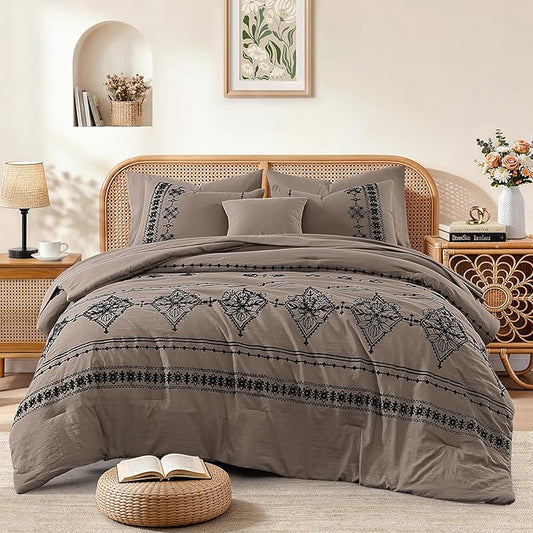 MaiRêve Queen Size Comforter Set Taupe Grey, Embroidery Floral Western Boho Bedding Set, All Season 7 Pieces Bed in a Bag with Sheets, Pillowcases & Shams