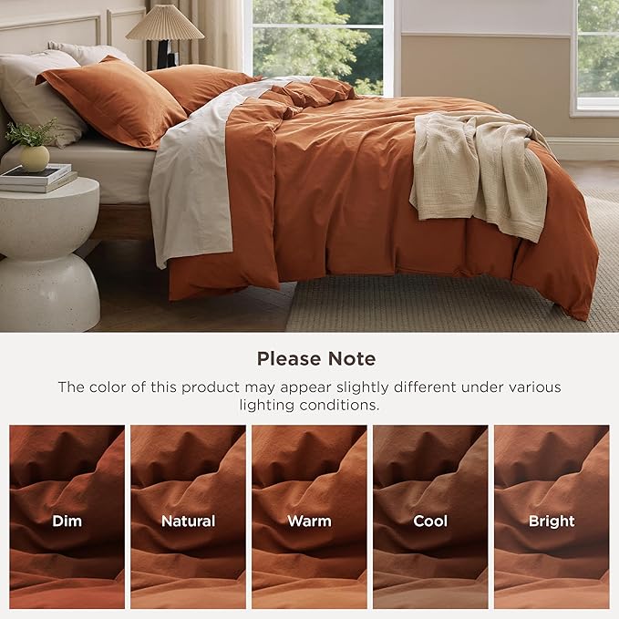 Bedsure 100% Washed Cotton Duvet Cover Queen Size - Burnt Orange Minimalist Bedding Set Linen Like - PureWoven Plain Simple & Soft Comforter Cover for All Seasons (Burnt Orange, Queen, 90"x90")