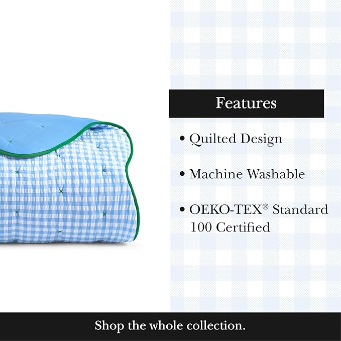 kate spade new york Joyful Gingham 3-Piece Full Queen Quilt Bedding Set, Poly-Cotton Blend Reversible Cover, All Season Warmth Bedding, Machine Washable, Windy Blue