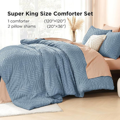 Litanika Grayish Blue Super King Size Comforter Set, 3 Pieces Tufted Boho Farmhouse Bedding Comforter Sets, Lightweight Fluffy Comforter Bed Set for All Season (120x120In Comforter and 2 Pillowcases)