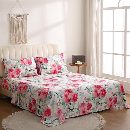 JSD Watercolor Rose Floral Sheet Set Cal King, 4 Piece Soft Printed Microfiber Sheets Extra Deep Pocket
