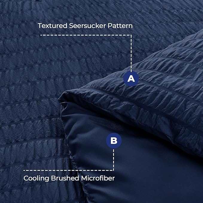 HYMOKEGE Navy Blue Duvet Cover Queen Size, Ultra Soft 3-Piece Seersucker Duvet Cover Set with Zipper Closure, Soft Brushed Microfiber Bedding Set with 8 Corner Ties (90"x90", 2 Pillowshams)