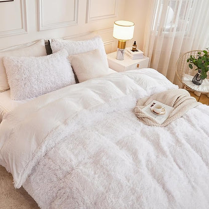 Andency Faux Fur White Comforter Queen Size, 3 Pieces Fluffy Fuzzy Plush Bedding Comforter Set (1 Shaggy Velvet Comforter & 2 Pillowcases), Soft Puffy Comfy Down Alternative Bedding Set