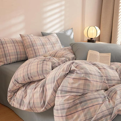Plaid Comforter Full Size Set Fluffy Washed Cotton Bedding Set Down Alternative Boho Vintage Soft Bedding Comforter Sets All Season Cute Farmhouse Washable Bed Comforter with 2 Pillowcases