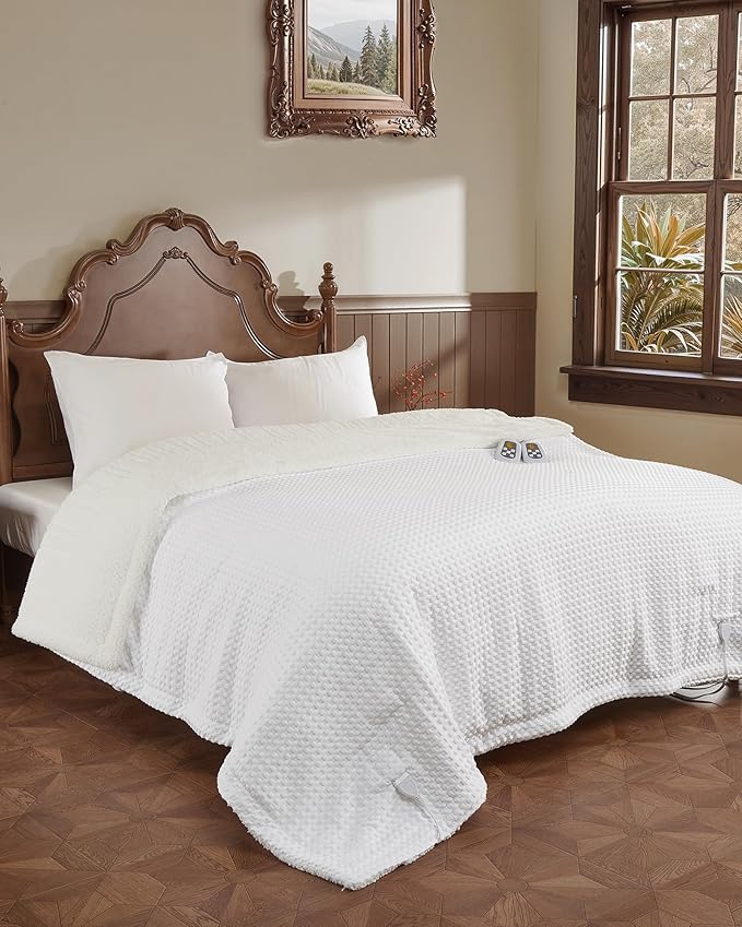 CAROMIO Heated Blanket Queen Size with LCD Dual Controller, Waffle Weave Fast Heating Electric Blankets, 10 Heat Levels & 1-12H Time Settings, ETL Certified, Machine Washable, Off White, 84" x 90"