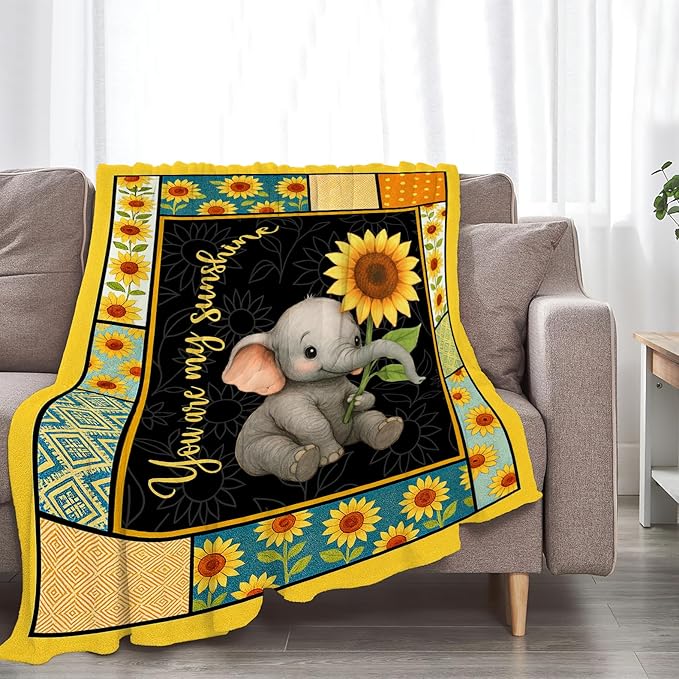 Elephant Blanket Super Soft Warm Fluffy Fleece Flannel Sunflower Animal Throw Blanket Cozy Fuzzy Plush Stuff Bedding Blankets Gifts for Women Kids Boys Girls Adults 60"X50"