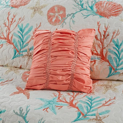 Madison Park Quilt Set Cottage Coastal Design, Starfish Print - All Season, Coverlet Bedspread Lightweight Bedding Layer, Shams, Toss Pillows, Full/Queen(90"x90"), Pebble Beach Coral 6 Piece