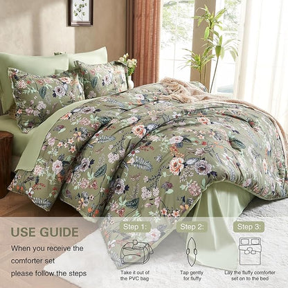 7 Piece King Comforter Set, Sage Green Butterfly Floral Comforter Set with Flowers Leaves Pattern, Soft Microfiber Complete Bedding Set for All Season(Sage Green, King)