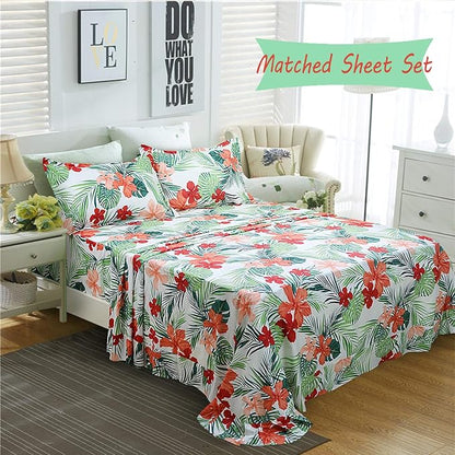 FADFAY Hawaiian Style Red Hibiscus Palm Leaves Tropical Duvet Cover Set Summer Bedding Super Soft 100% Cotton,1 Duvet Cover & 2 Pillow Shames, King Size