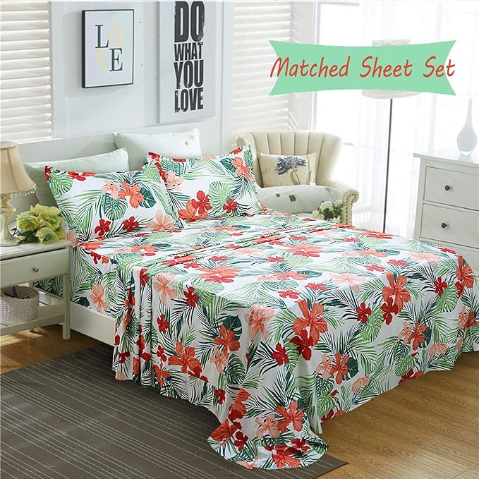 FADFAY Green Duvet Cover 100% Cotton Tropical Bedding Red Hibiscus Flower & Forest Green Palm Leaves Plants Watercolor Printed Zipper Closure Soft Breathable Girls Floral Bedding Set 3 Pcs, Full