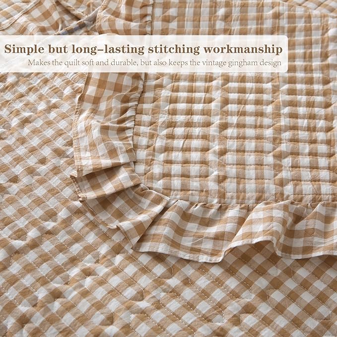 Taupe White Ruffle Gingham Quilt Set Queen Size with Pillow Shams, 100% Washed Cotton Yarn-Dyed Quilted Bedspread Bedding Set (Taupe, Queen)