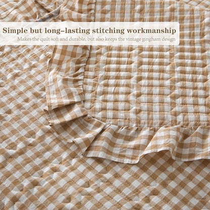 Taupe White Ruffle Gingham Quilt Set Queen Size with Pillow Shams, 100% Washed Cotton Yarn-Dyed Quilted Bedspread Bedding Set (Taupe, Queen)