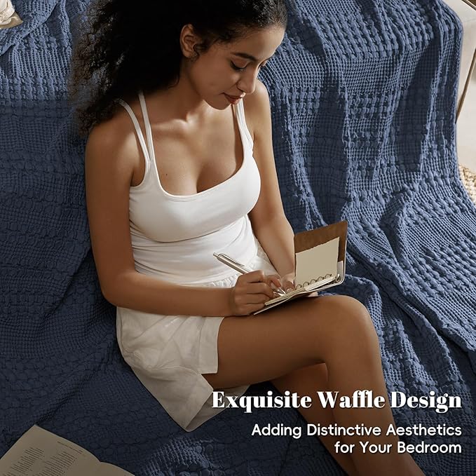 PHF 100% Cotton Waffle Weave Blanket King Size for Bed, Soft Lightweight & Breathable for Spring and Summer, All-Season Comfort, Luxury Aesthetic Blanket for Home Decor, 108"x90", Indigo