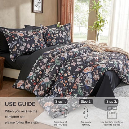 7 Piece Queen Comforter Set, Black Butterfly Floral Comforter Set with Flowers Leaves Pattern, Soft Microfiber Complete Bedding Set for All Season(Black, Queen)