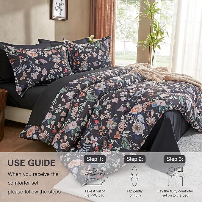 7 Piece King Comforter Set, Black Butterfly Floral Comforter Set with Flowers Leaves Pattern, Soft Microfiber Complete Bedding Set for All Season(Black, King)