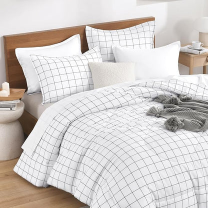 Andency Twin Comforter Set, White Gingham Plaid Grid Checkered Twin Bed Comforter Set for Dorm Boys Girls Teens Kids, 2 Pieces Lightweight Reversible Preppy Bedding Sets(66x90 Inch)