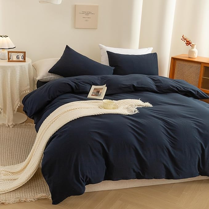 ECOCOTT Navy Blue Duvet Cover Super Queen Size - 100% Washed Cotton Durable Soft Comfy Bedding Set, 3 Pieces Duvet Cover with Zipper Closure (Navy Blue, 98''x90'')