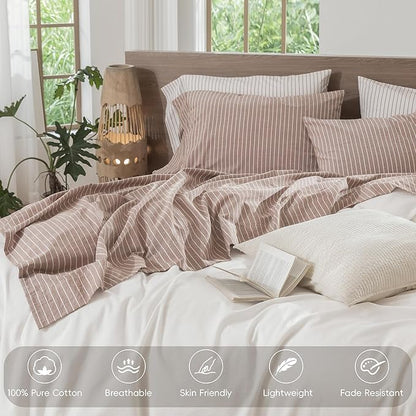 MooMee Striped Sheet Set 100% Washed Cotton Linen Like Textured Breathable Durable Soft Comfy (Dark Orange White Wide Stripes, Queen)