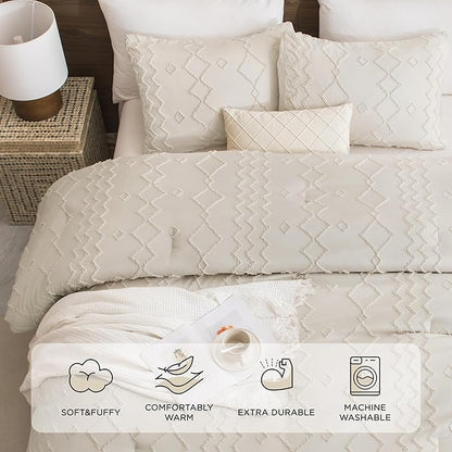 Andency Beige Tufted Comforter Set Full(79x90Inch), 3 Pieces(1 Boho Comforter, 2 Pillowcases) Textured Farmhouse Bed, Soft Microfiber Down Alternative Geometric Bedding Set
