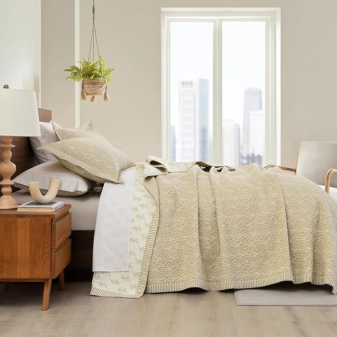 SahSahCasa Quilt Set Queen Size, 100% Cotton Quilt Bedding Set Bedspread, Botanical Pattern Solid Color Chic Lightweight Quilted Comforter for Queen Bed, White/Oatmeal, All Season, 3 Pieces