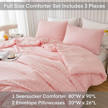 AveLom Blush Pink Seersucker Full Comforter Set (80x90 inches), 3 Pieces - 100% Soft Washed Microfiber Lightweight Comforter with 2 Pillowcases, All Season Down Alternative Comforter Set for Bedding