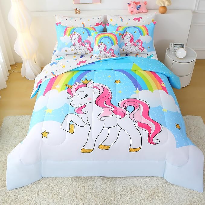 JQinHome Unicorn Full Bedding Sets for Girls Kids,8 Piece Bed in A Bag 3D Blue Sky Rainbow Clouds Theme Unicorn Comforter Set with Sheet Set(Blue)