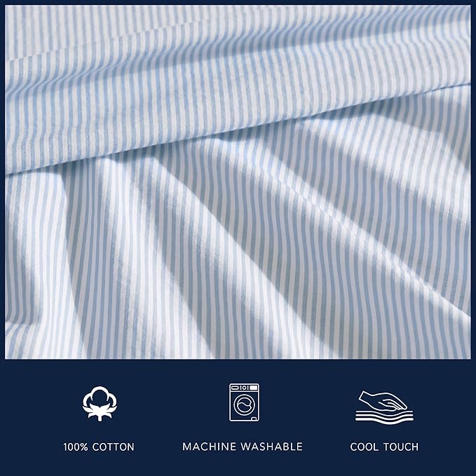 Nautica - King Sheet Set, Cotton Percale Bedding Set, Crisp & Cool, Lightweight & Breathable (Penny Pinstripe Blue, King)