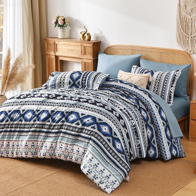 Dinjoy Boho King Size Bed in A Bag 7 Pieces,Navy Blue Comforter Set Aztec Striped Fall Bedding Set Bohemian Complete Set Geometric Comforters for Women Men 90"×104"