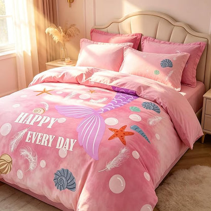 Girls Pink Mermaid Tail Comforter Set Queen Size, Marine Life Soft Microfiber Bedding Set with Shells & Starfish Pattern, 3Pieces All Season Lightweight Summer Comforter Set for Girls