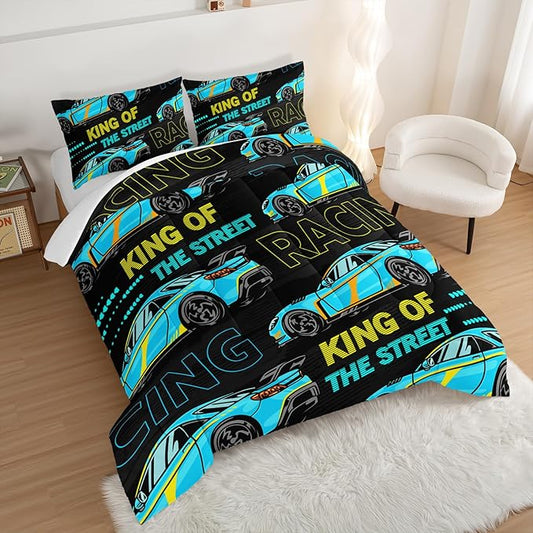 Car Bed for Boys King Comforter Set,Kids Racing Car Comforter Extreme Sports Bedding Set for Teens Boys Race Car Room Decor,Cool Blue Themed Children's Bedding with 2 Pillowcases.