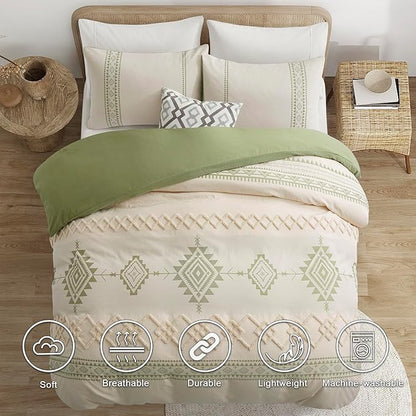 Oli Anderson Boho Duvet Cover Set King Size, Beige and Sage Green Color Clash 3 Pieces Microfiber Bedding Set, Durable and Super Soft Duvet Covers with Zipper and Ties, 104"*90"