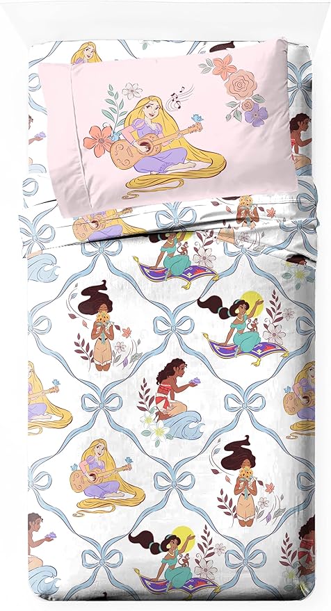 Jay Franco Kids Sheet Set with Fitted, Flat Sheets & Pillow Cover - Ultra-Soft Bedding with Pillowcase for Room Decor, White – Disney Princess, 3 Piece Twin