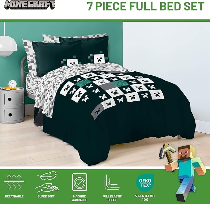 Jay Franco Minecraft Creeper Full Comforter Set - 7 Piece Gamer Bedding Includes Sheet Set & Pillow Covers - Super Soft Checkered Bedding