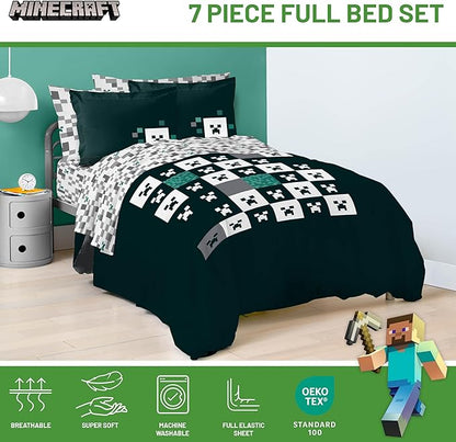 Jay Franco Minecraft Creeper Full Comforter Set - 7 Piece Gamer Bedding Includes Sheet Set & Pillow Covers - Super Soft Checkered Bedding