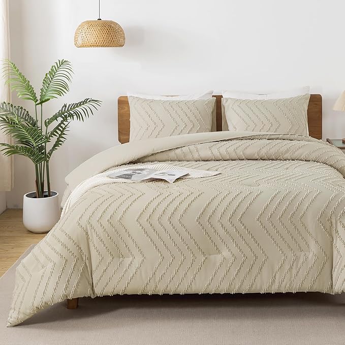 Andency Light Khaki Comforter Set King Size, Boho Soft Warm Tufted Bedding Comforter Sets for King Size Bed, 3 Pieces Aesthetic Chevron Farmhouse Cute Bohemian Textured Bedding Set