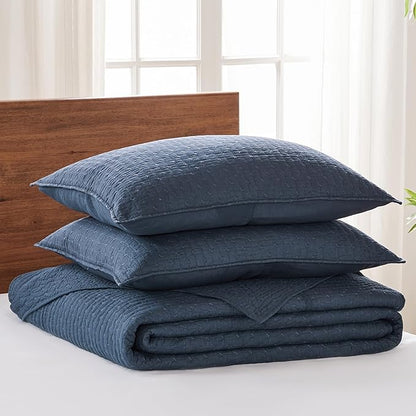 Levtex Home Cross Stitch Reversible Full Bedspread Set (100x104in) with 2 Pillow Shams (26x20in) - Stitch Texture - Navy - 100% Cotton Full Size Bedspread Set - Lightweight, Soft, Pre-Washed