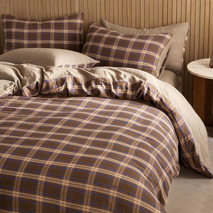 EAVD Vintage Style Blue&Brown Plaid Duvet Cover Twin Soft 100% Muslin Cotton Brown Green Blue Grid Checkered Plaid Bedding Set with 2 Pillowcases Reversible Farmhouse Gingham Duvet Cover with Zipper