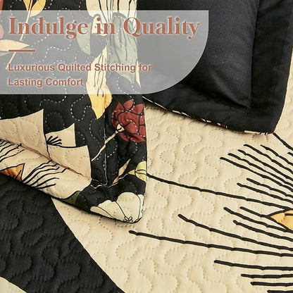 3 Piece Black Boho Floral Full/Queen Quilt Sets Reversible Farmhouse Botanical Lightweight Bedspread Coverlet with 2 Shams Mid Century Microfiber Bedding Quilts Set for All Season,90''x96''