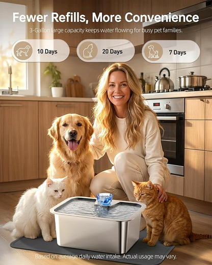 3Gal Large Dog Water Fountain Dispenser, 11L Stainless Steel Pet Fountain with 6 Filters, Corded Ultra Quiet Automatic Dog Water Bowl for Large and Multi-Pet Homes, 12 x 8.7 in Drinking Area